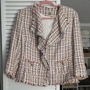 Anne Klein Cream Tweed Fringe Blazer with Multicolor Accents